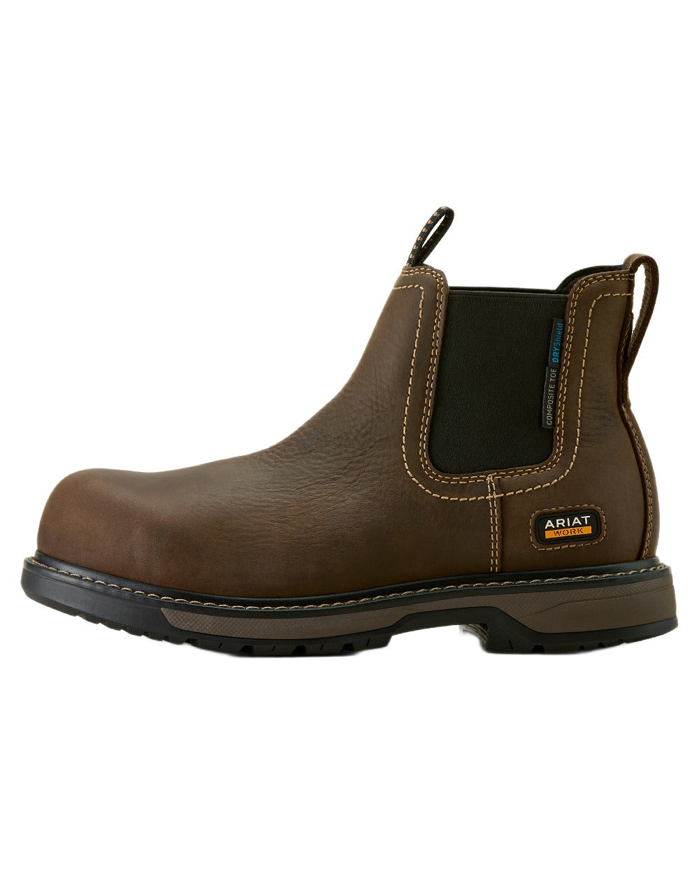 Dark Brown coloured Ariat Womens Riveter Chelsea Waterproof Composite Toe Work Boots on white background 