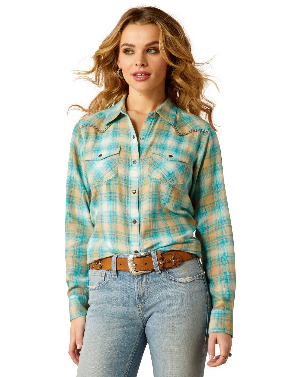 Breeze Plaid Coloured Ariat Womens Roping Plaid Shirt on white background 