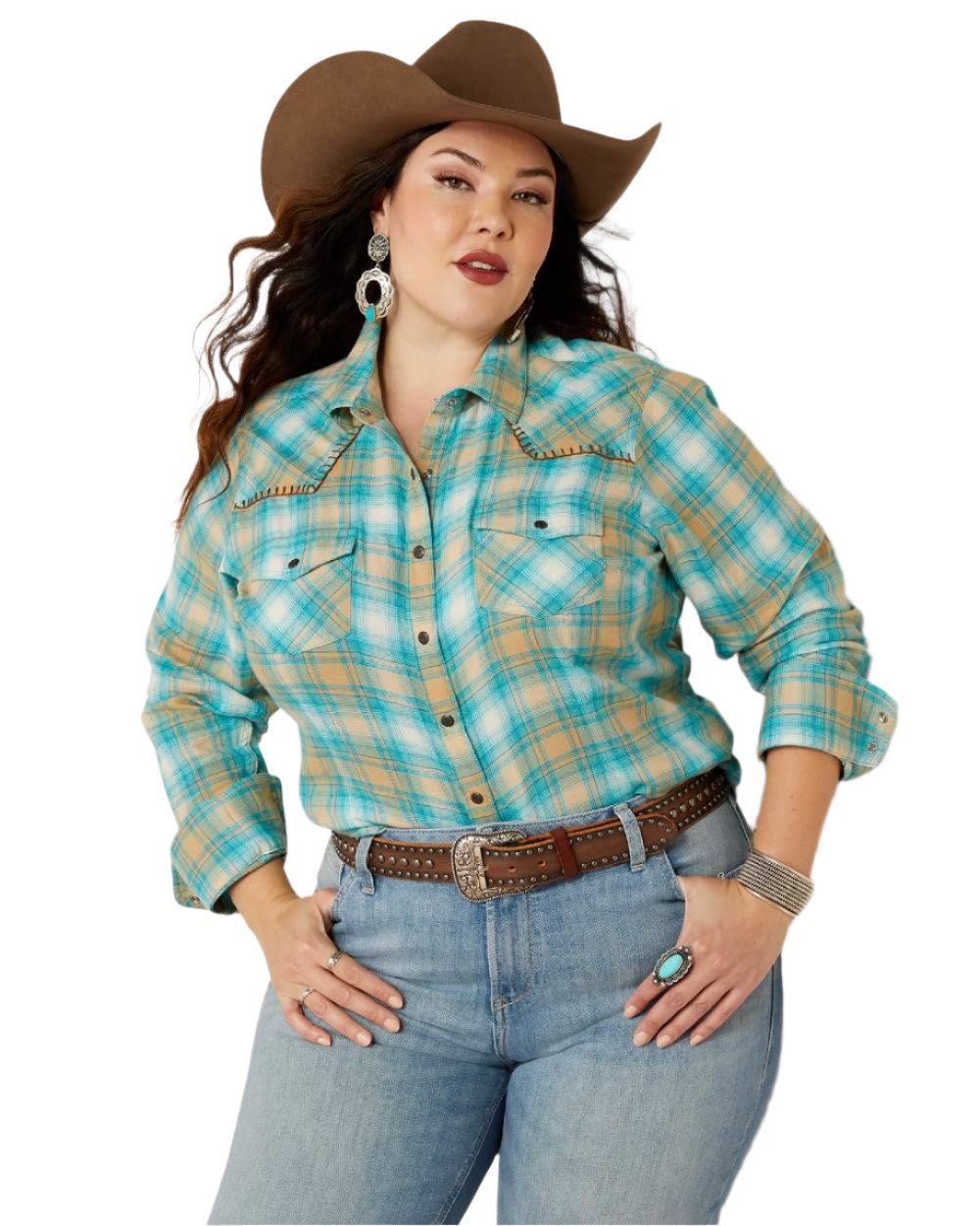 Breeze Plaid Coloured Ariat Womens Roping Plaid Shirt on white background 