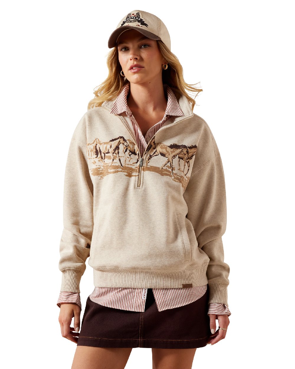 Tan Coloured Ariat Womens Running Wild Half Zip Sweatshirt on White Background 