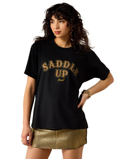 Pigment Black coloured Ariat Womens Saddle Up Boyfriend T Shirt on white background 
