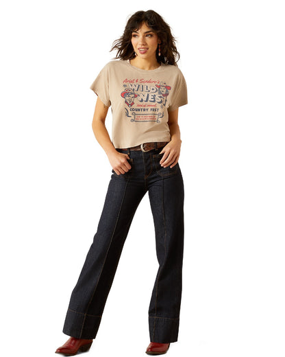 Savannah Tan Mineral Wash Coloured Ariat Womens Sendero Wild West Country Fest T-Shirt on white background 