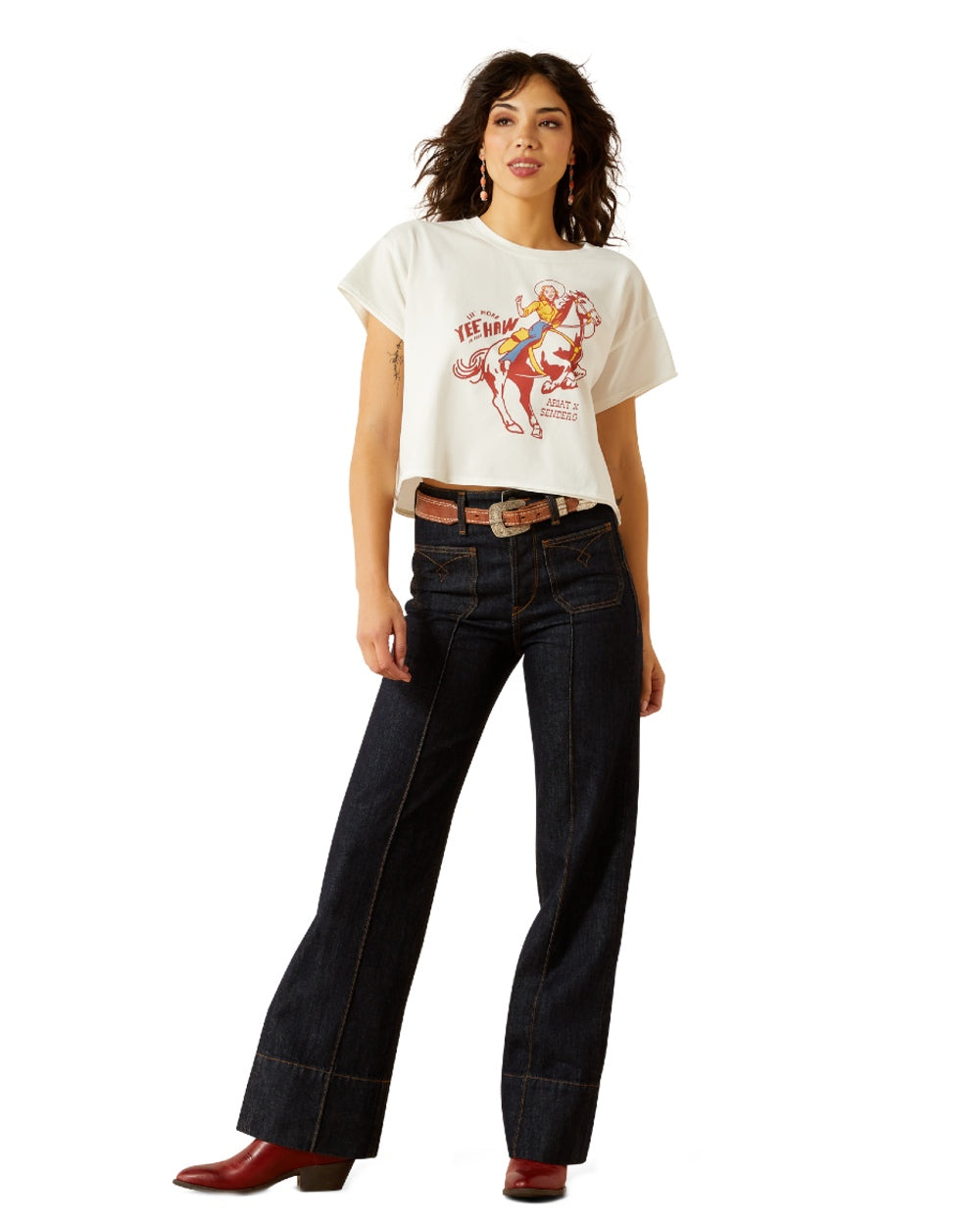 White Coloured Ariat Womens Sendero Yeehaw Short Sleeve T-Shirt on white background 