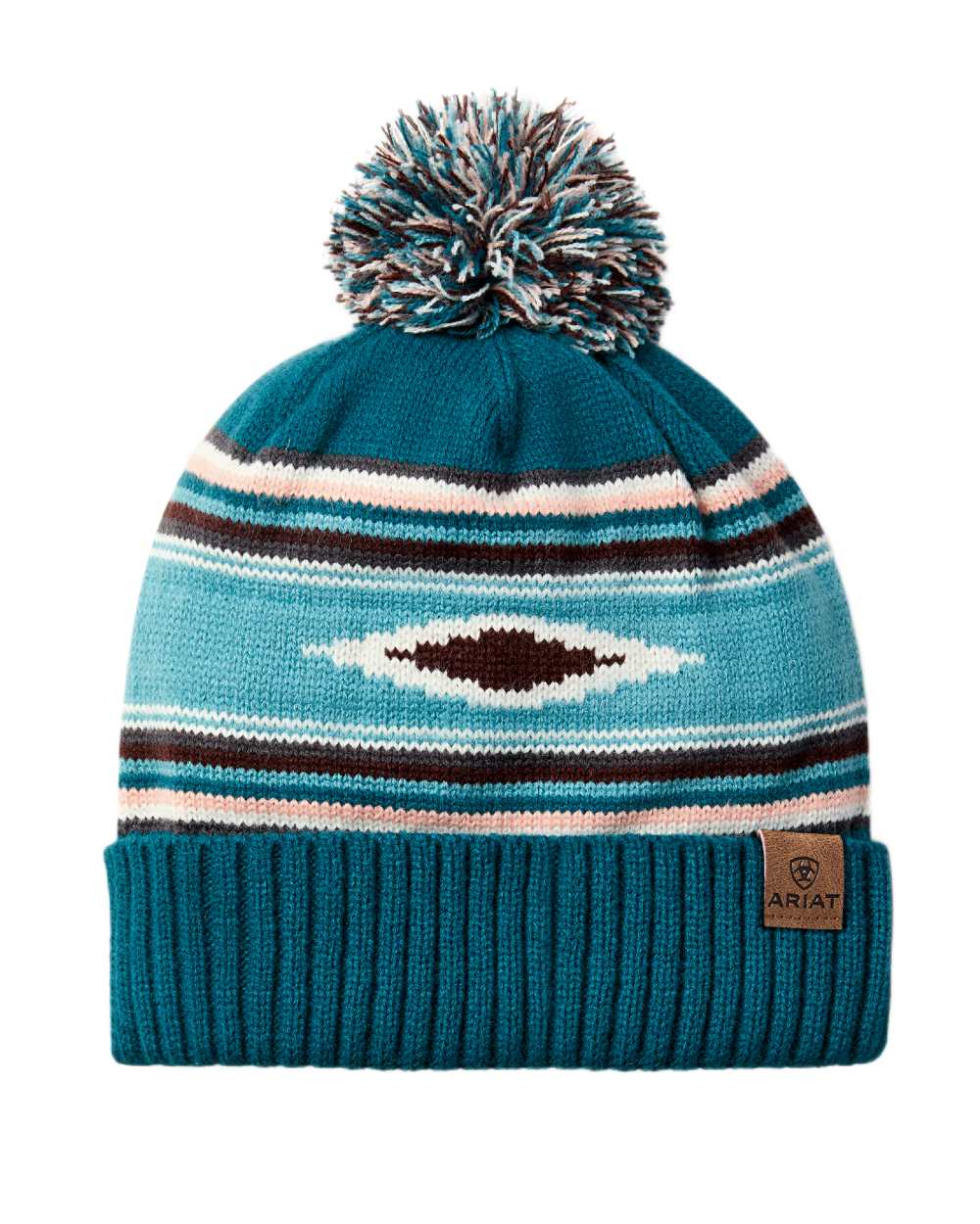 Turquoise Coloured Ariat Womens Serape Beanie on white background 