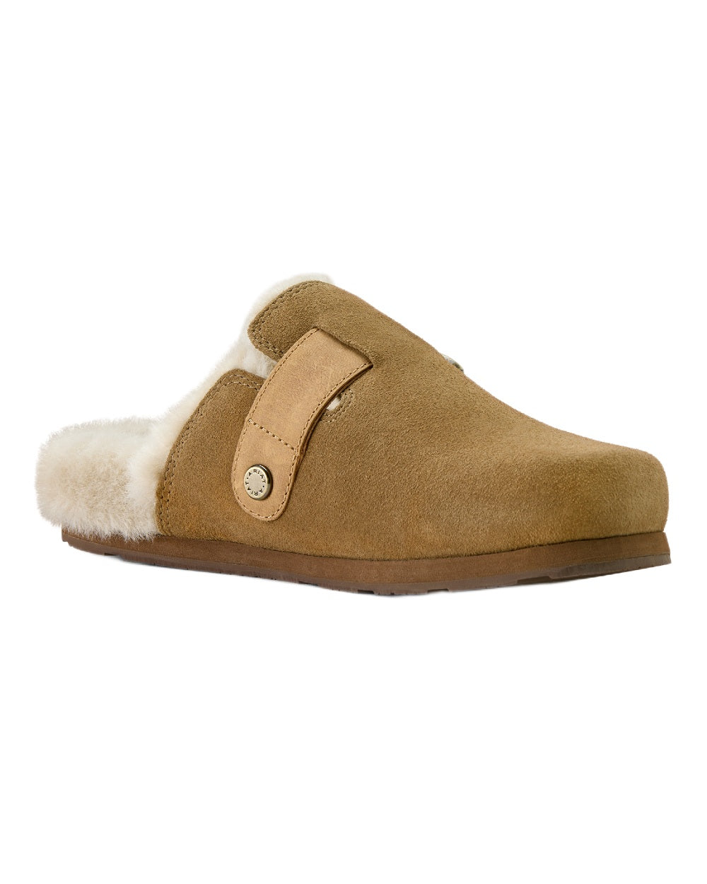 Ranch Brown Suede coloured Ariat Womens Sherpa Country Mules on white background 