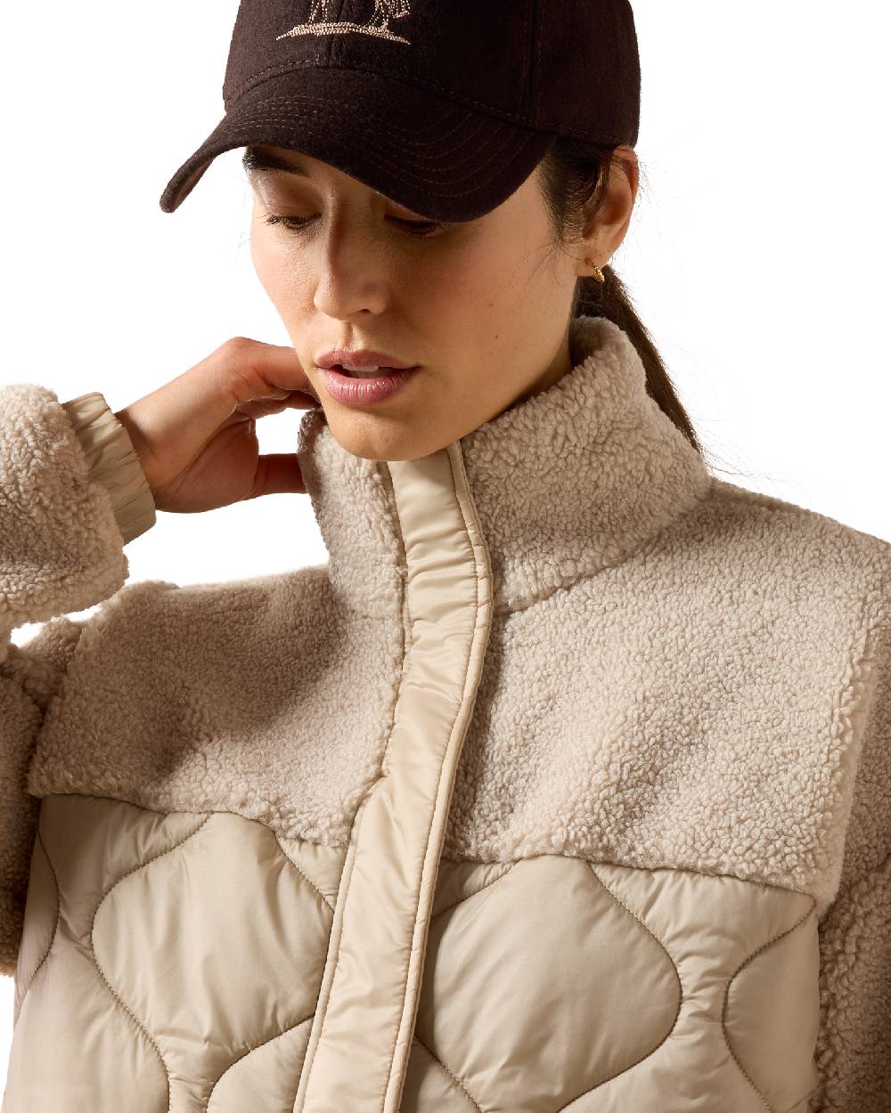 Chateau Grey coloured Ariat Sherpuff Jacket on white background 