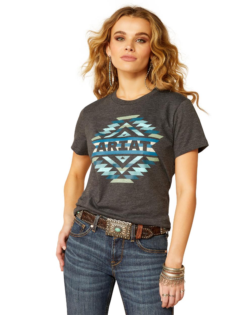 Charcoal Heather Coloured Ariat Womens Southwest Classic T-Shirt on white background 