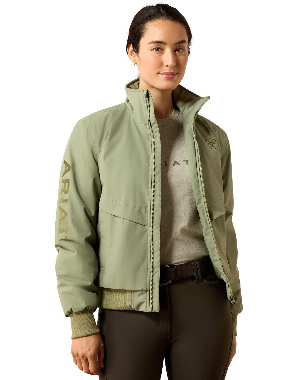 Oil Green Coloured Ariat Womens Stable 2.0 Insulated Jacket on white background 