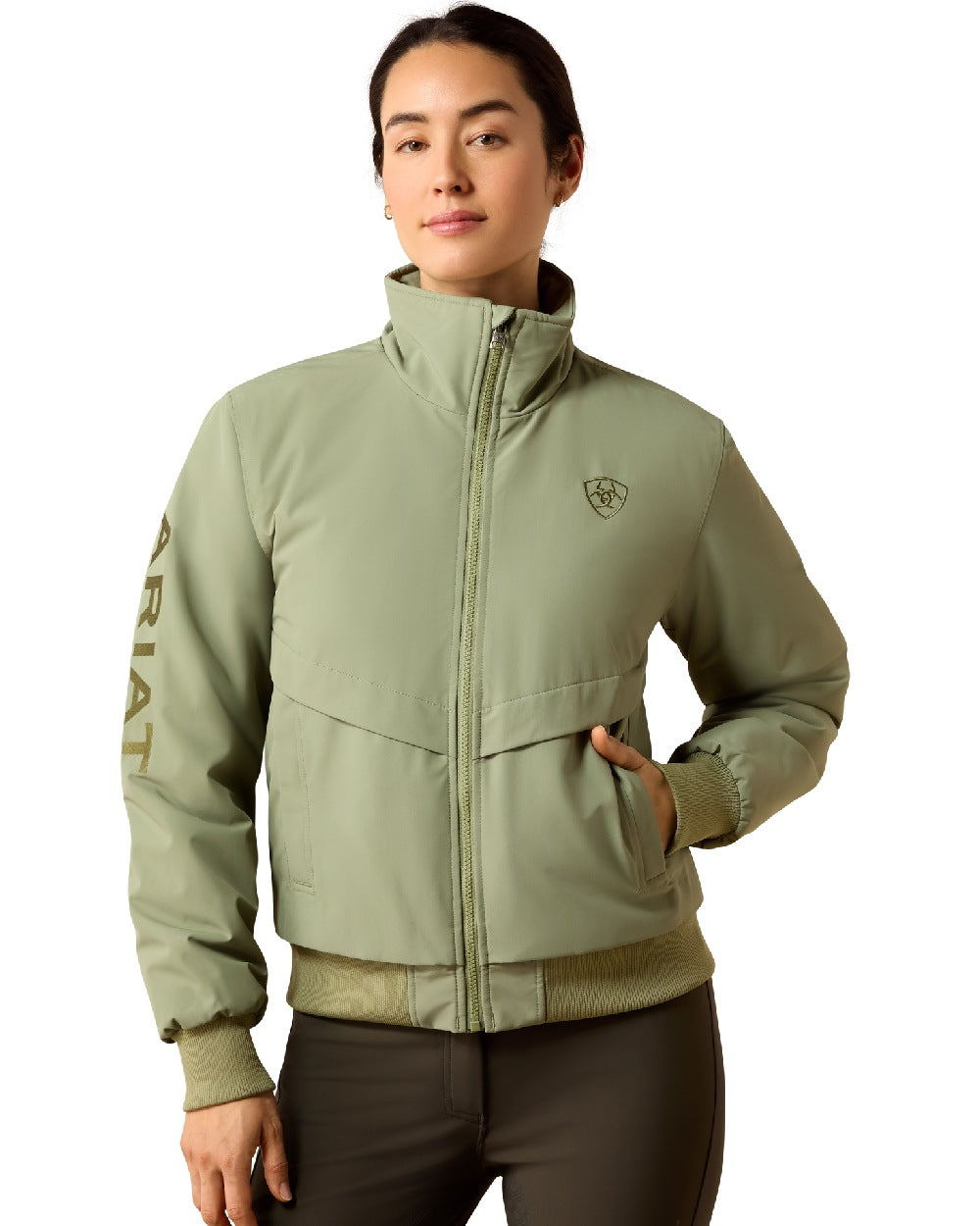 Oil Green Coloured Ariat Womens Stable 2.0 Insulated Jacket on white background 