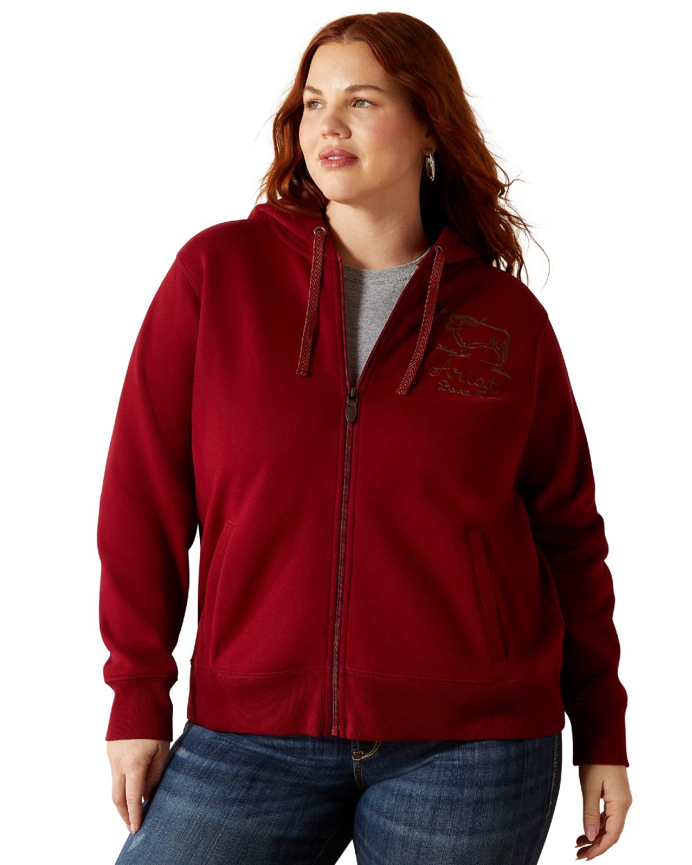 Biking Red Coloured Ariat Womens Stitched Full Zip Hoodie on white background 