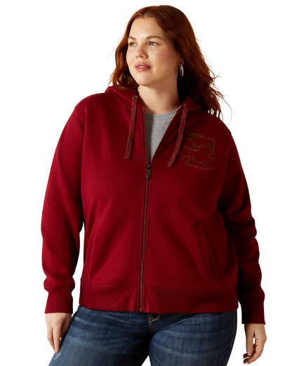 Biking Red Coloured Ariat Womens Stitched Full Zip Hoodie on white background 