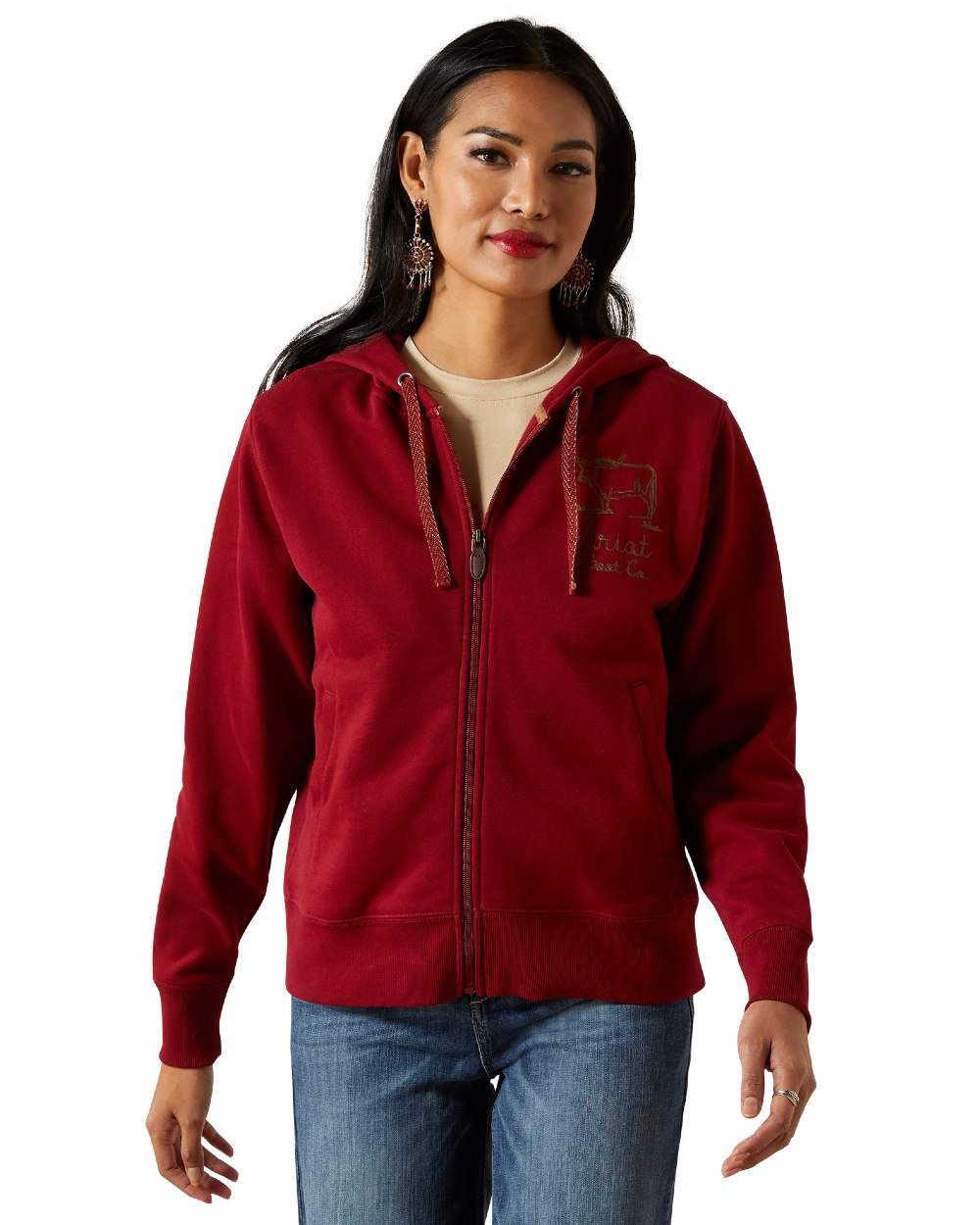Biking Red Coloured Ariat Womens Stitched Full Zip Hoodie on white background 