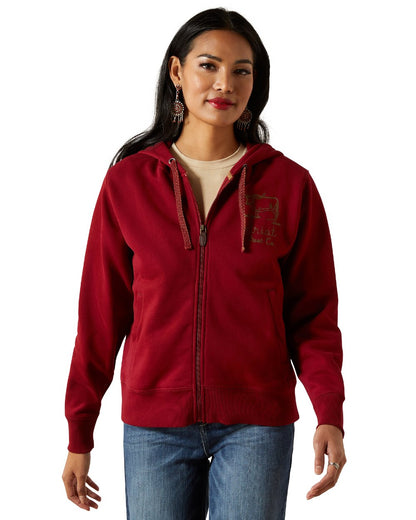 Biking Red Coloured Ariat Womens Stitched Full Zip Hoodie on white background 
