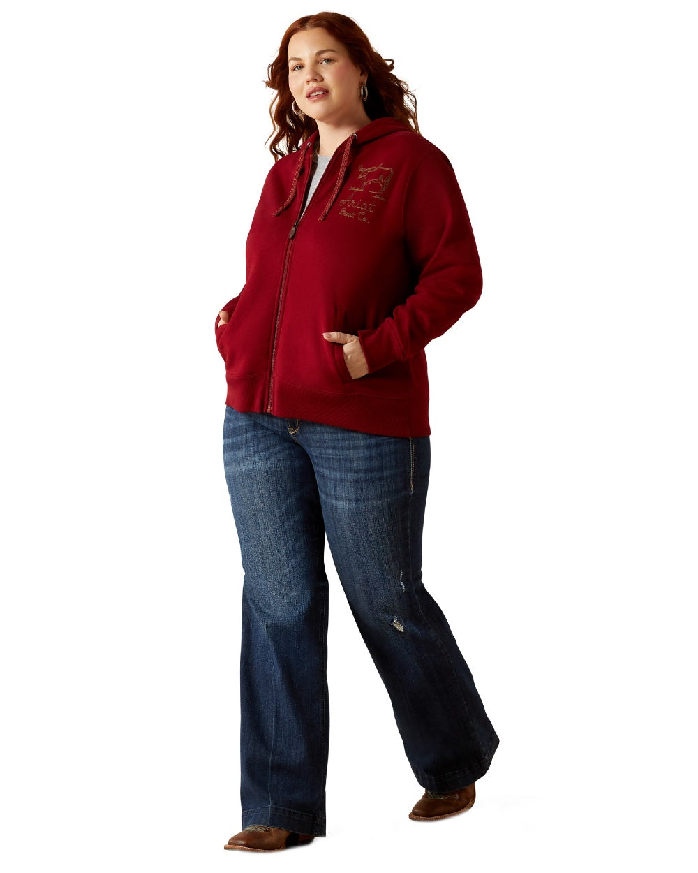 Biking Red Coloured Ariat Womens Stitched Full Zip Hoodie on white background 