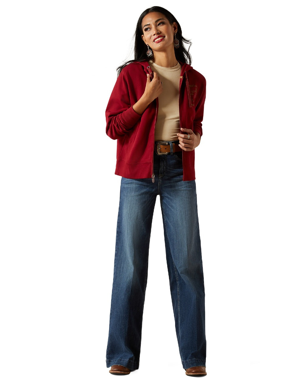 Biking Red Coloured Ariat Womens Stitched Full Zip Hoodie on white background 