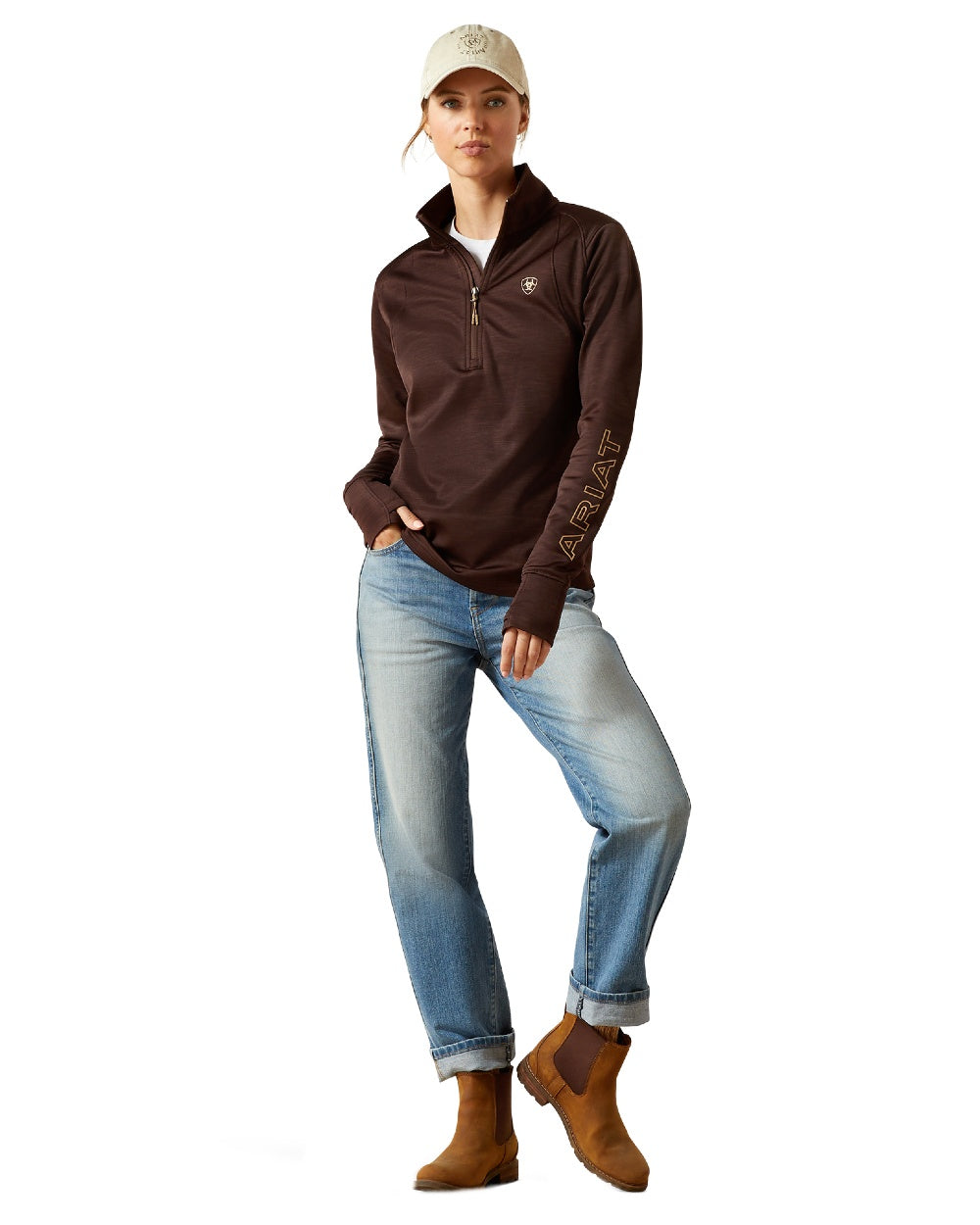 Java Coloured Ariat Womens Team EQ Half Zip Pullover on white background 