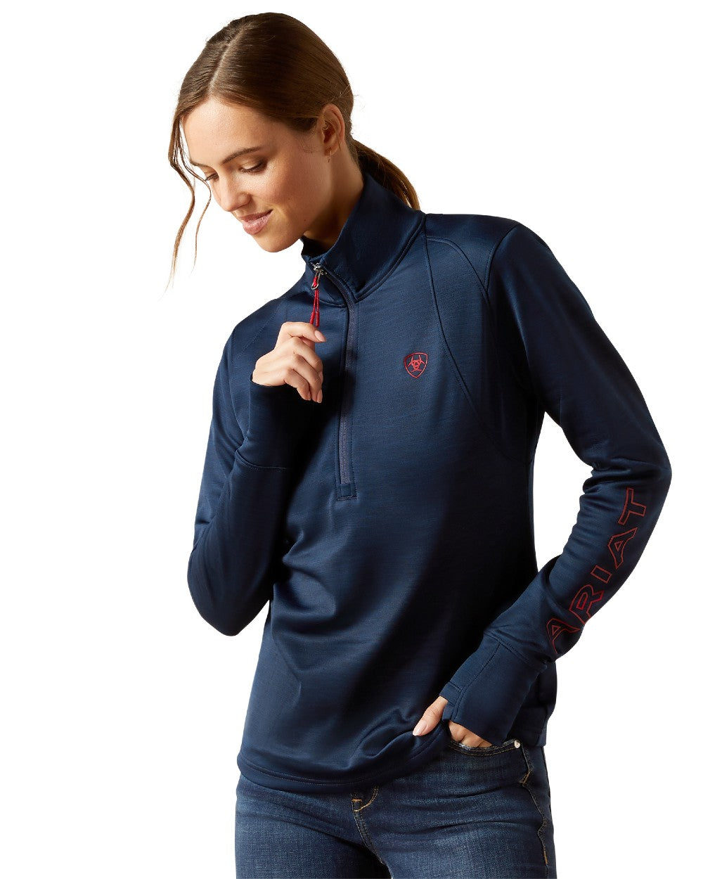 Navy Coloured Ariat Womens Team EQ Half Zip Pullover on white background 