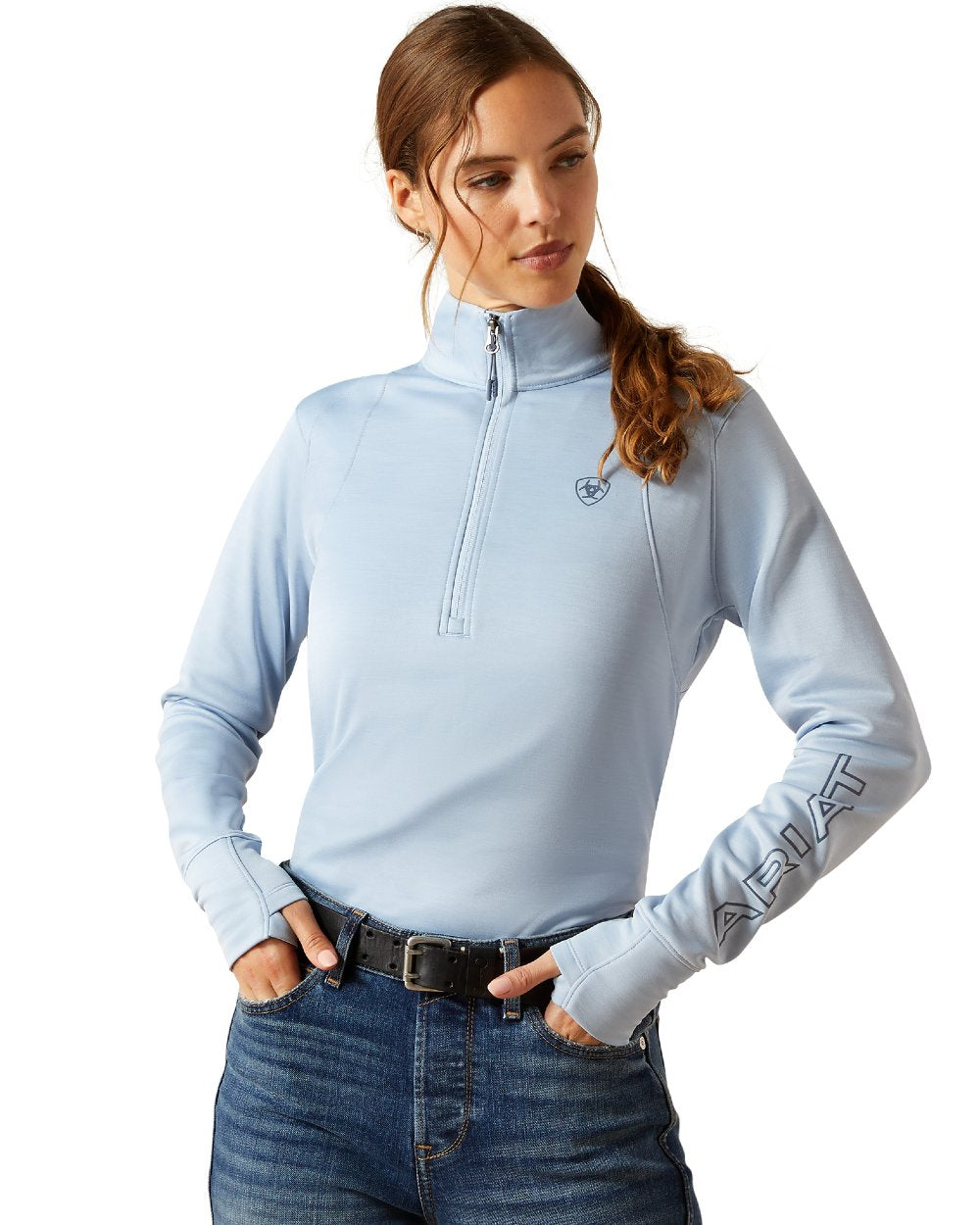 Skyway Coloured Ariat Womens Team EQ Half Zip Pullover on white background 