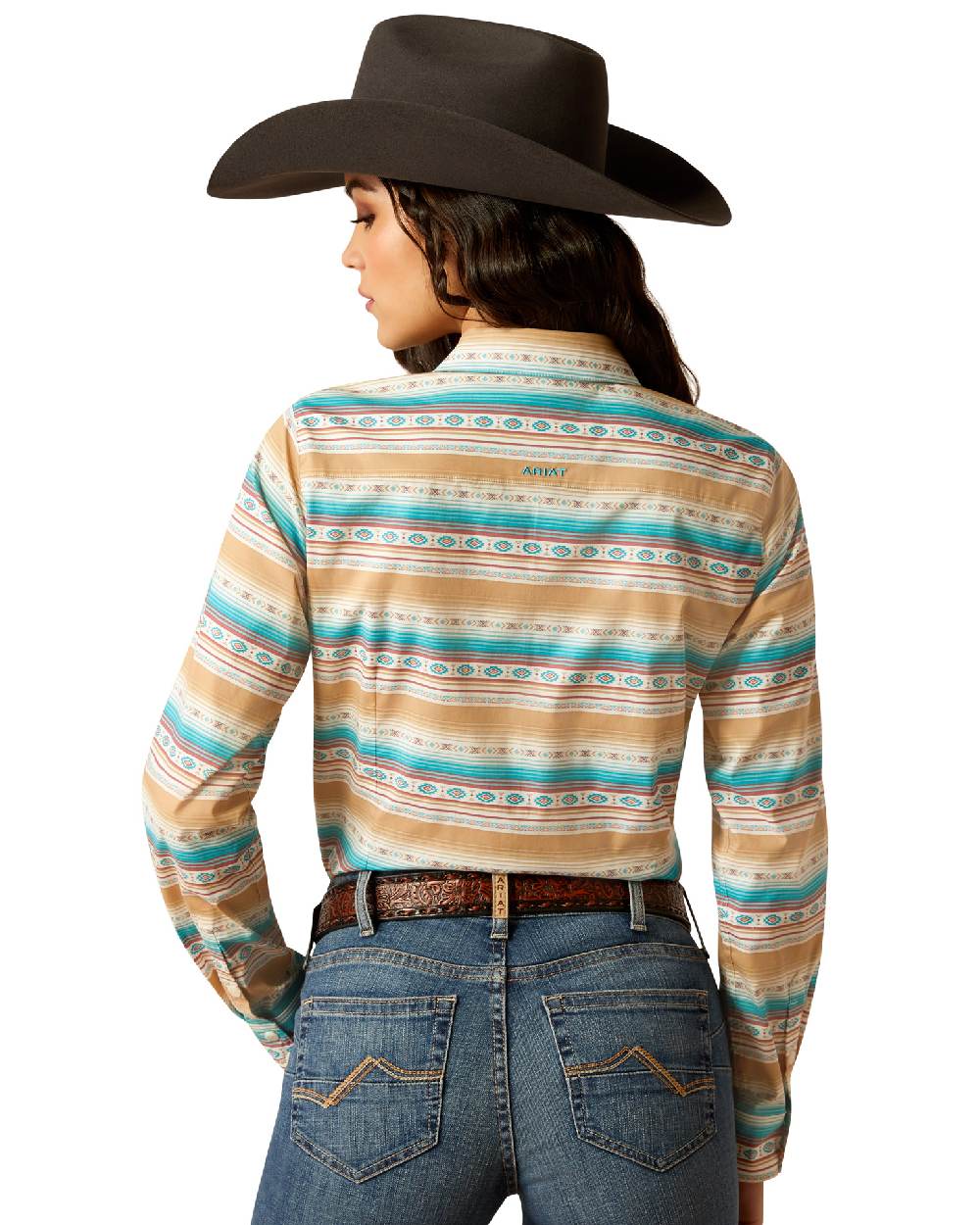 Fallon Serape coloured Ariat Womens Team Kirby Stretch Shirt on white background 