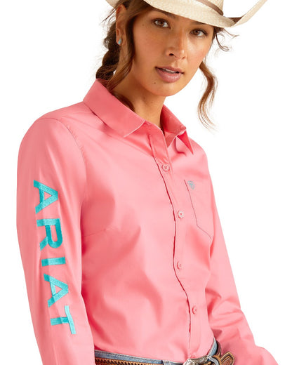 Camellia Rose coloured Ariat Womens Team Kirby Stretch Shirt on white background 