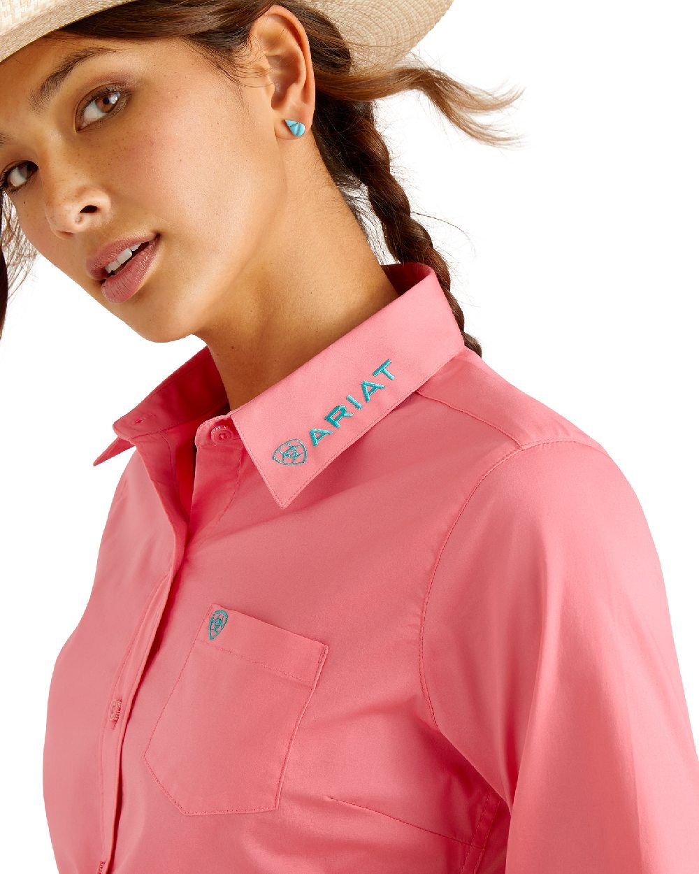 Camellia Rose coloured Ariat Womens Team Kirby Stretch Shirt on white background 