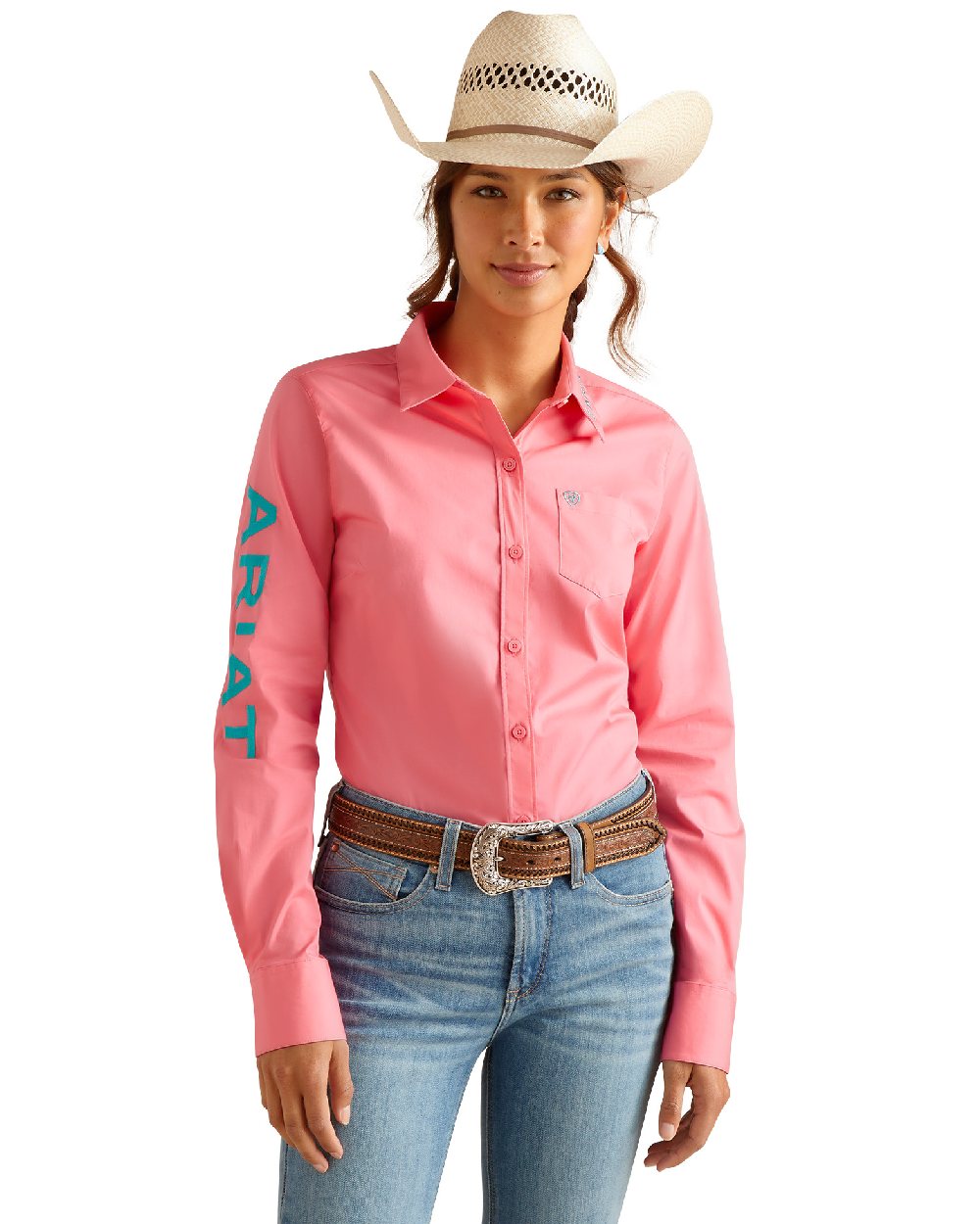 Camellia Rose coloured Ariat Womens Team Kirby Stretch Shirt on white background 