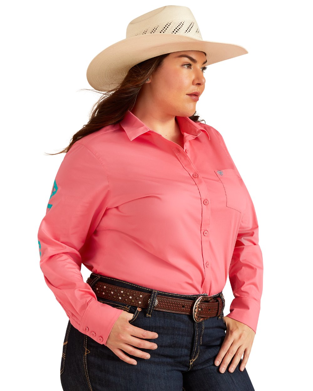 Camellia Rose coloured Ariat Womens Team Kirby Stretch Shirt on white background 