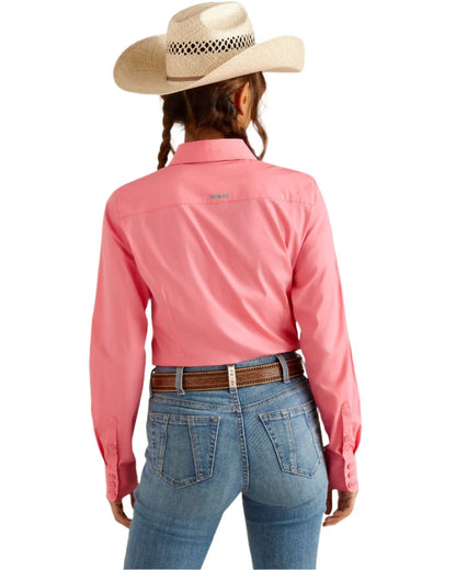 Camellia Rose coloured Ariat Womens Team Kirby Stretch Shirt on white background 