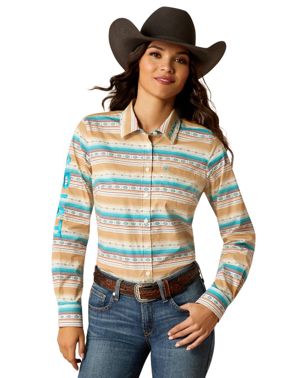 Fallon Serape coloured Ariat Womens Team Kirby Stretch Shirt on white background 