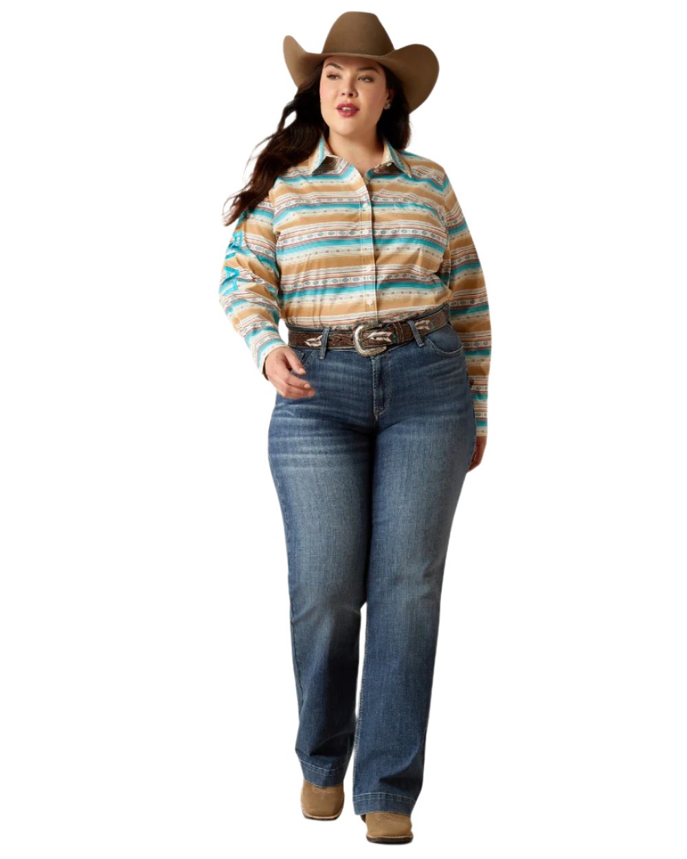 Fallon Serape coloured Ariat Womens Team Kirby Stretch Shirt on white background 