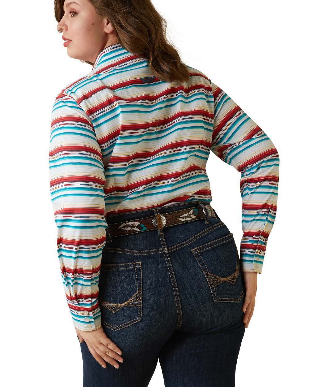 Rosa Serape coloured Ariat Womens Team Kirby Stretch Shirt on white background 