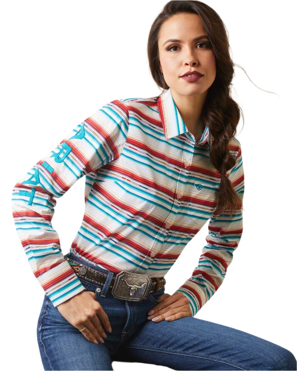 Rosa Serape coloured Ariat Womens Team Kirby Stretch Shirt on white background 