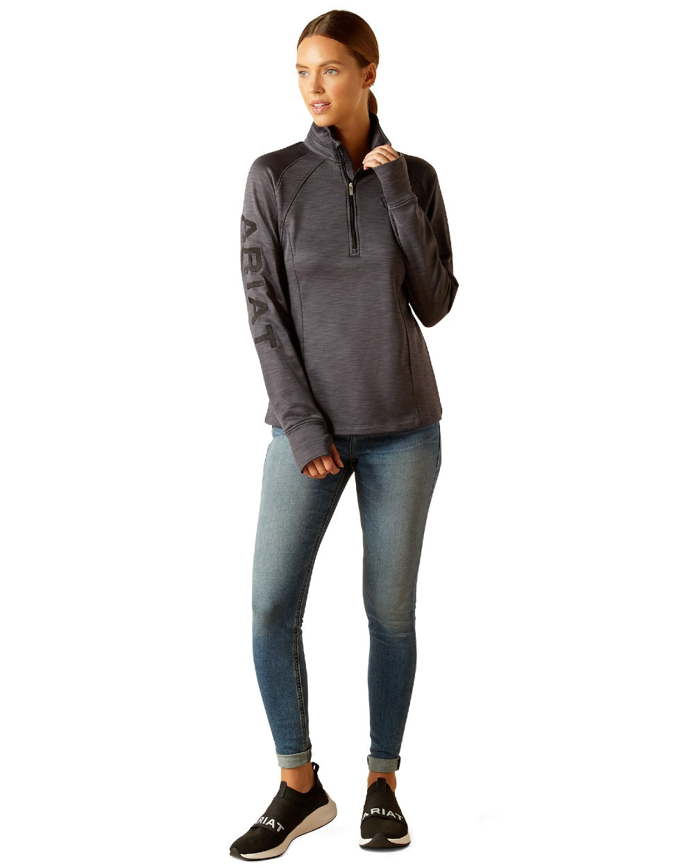 Ebony coloured Ariat Womens Tek Team half Zip Sweatshirt on white background 