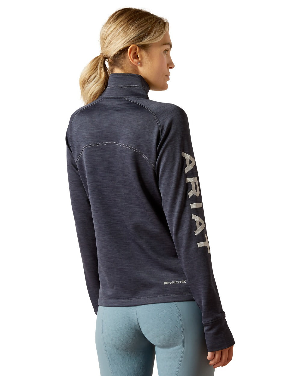 Ombre Blue Heather coloured Ariat Womens Tek Team half Zip Sweatshirt on white background 