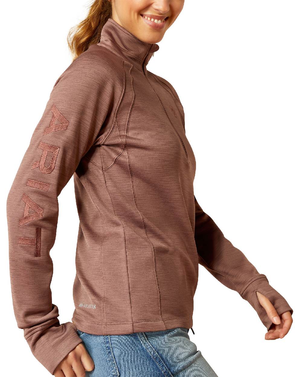 Twilight Mauve Coloured Ariat Womens Tek Team Half Zip Sweatshirt on white background 