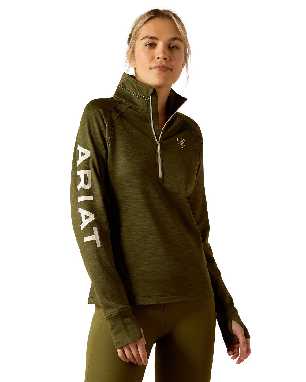 Winter Moss coloured Ariat Womens Tek Team half Zip Sweatshirt on white background 