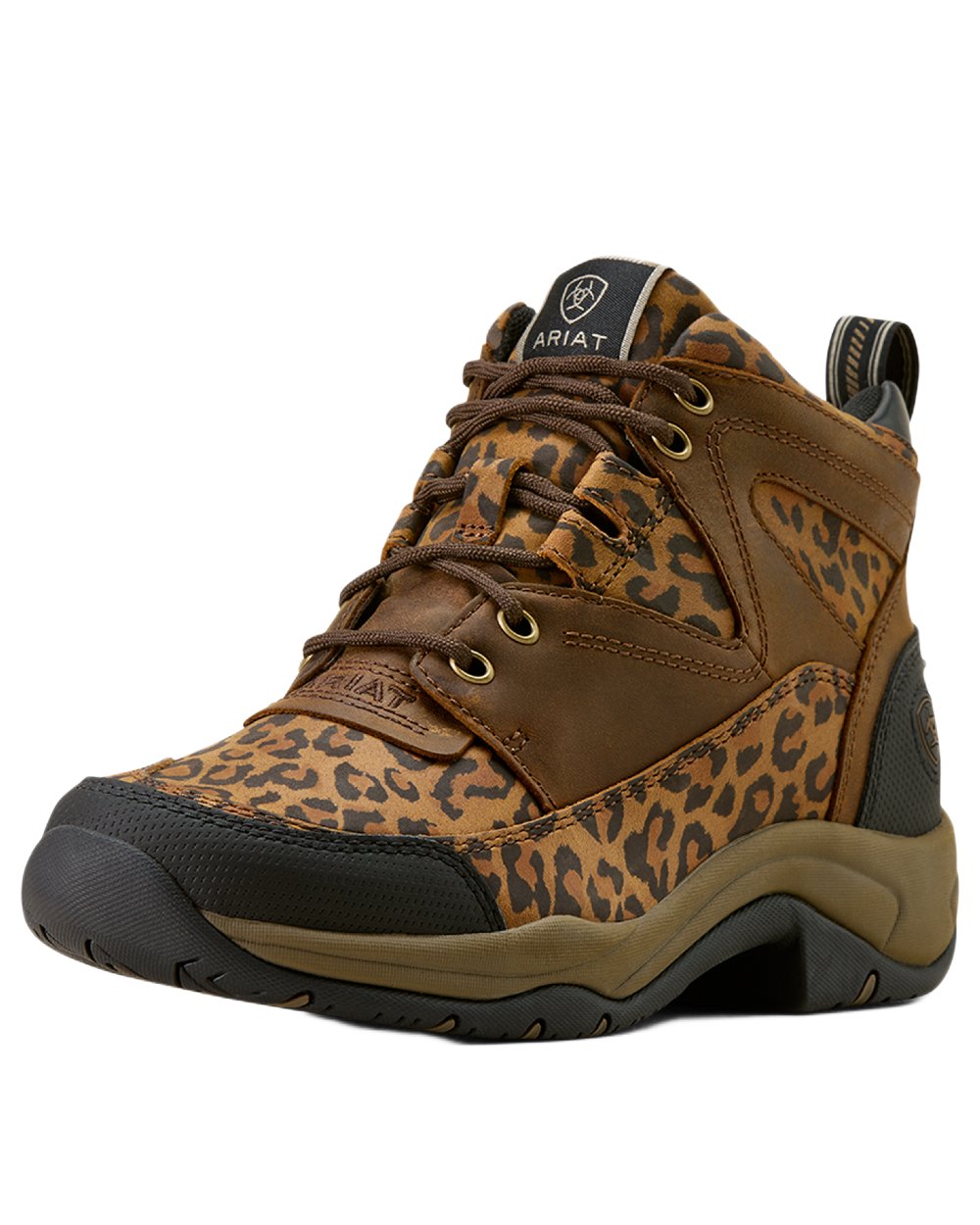 Washed Leopard coloured Ariat Womens Terrain Boots on white background 