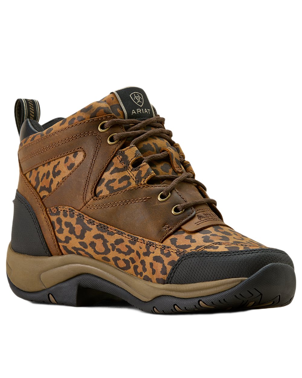 Washed Leopard coloured Ariat Womens Terrain Boots on white background 