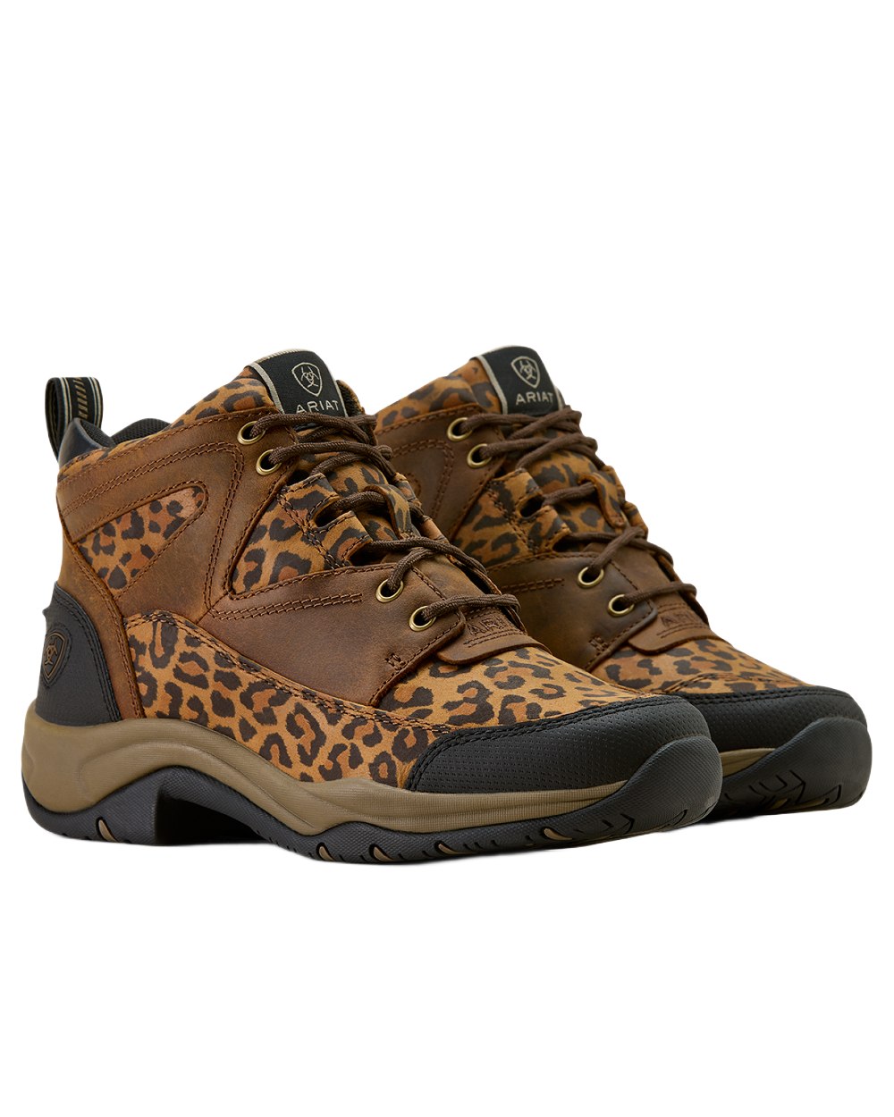 Washed Leopard coloured Ariat Womens Terrain Boots on white background 