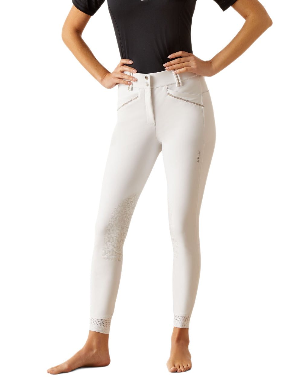 White coloured Ariat Womens Tri Factor Grace Knee Patch Breeches on white background 