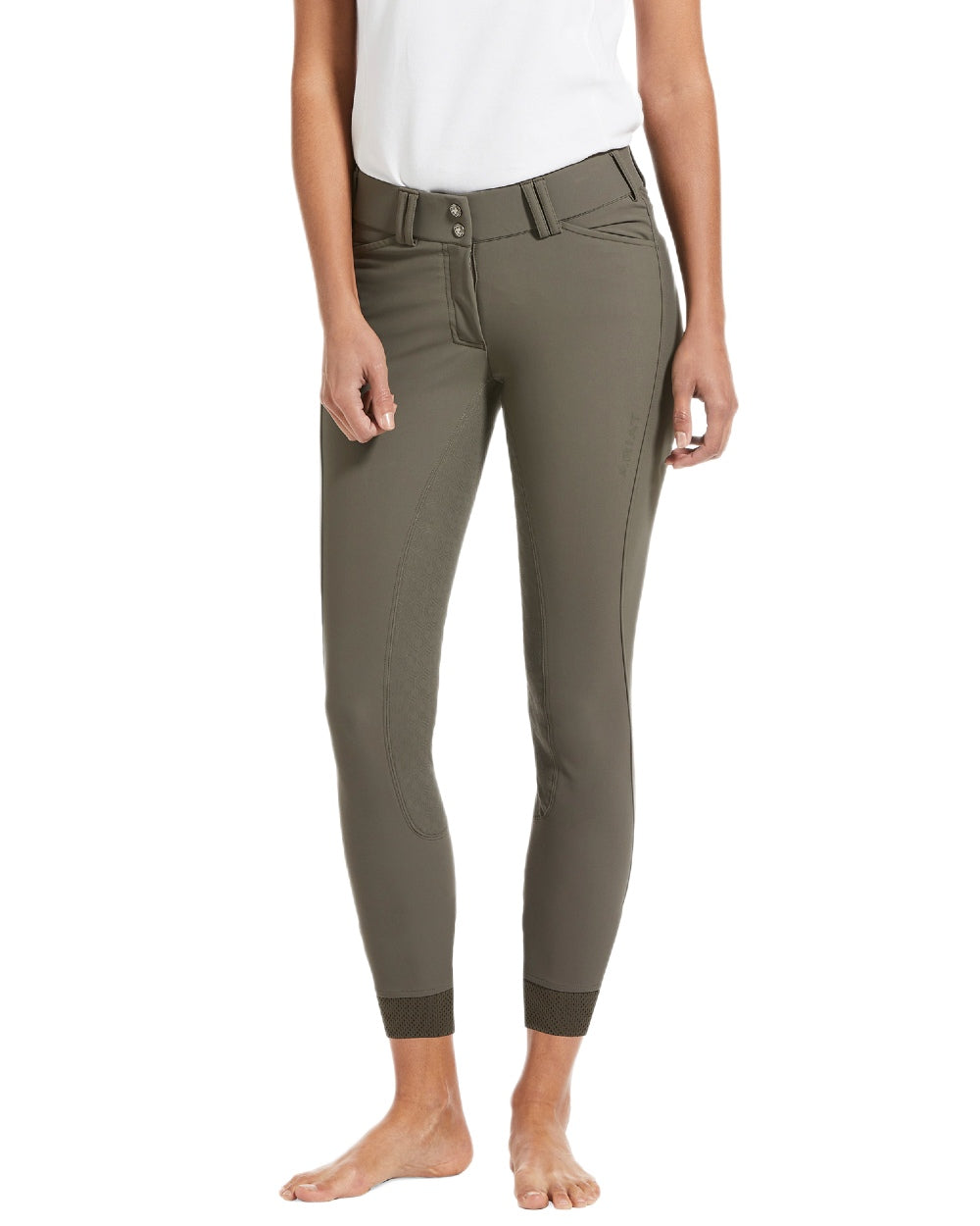 Banyan Bark coloured Ariat Womens Tri Factor Grip Full Seat Breeches on white background 