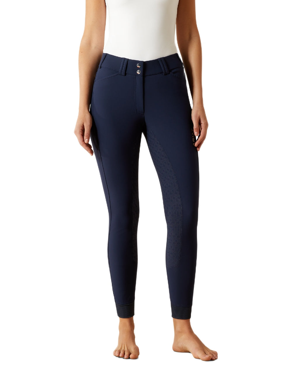 Navy coloured Ariat Womens Tri Factor Grip Full Seat Breeches on white background 