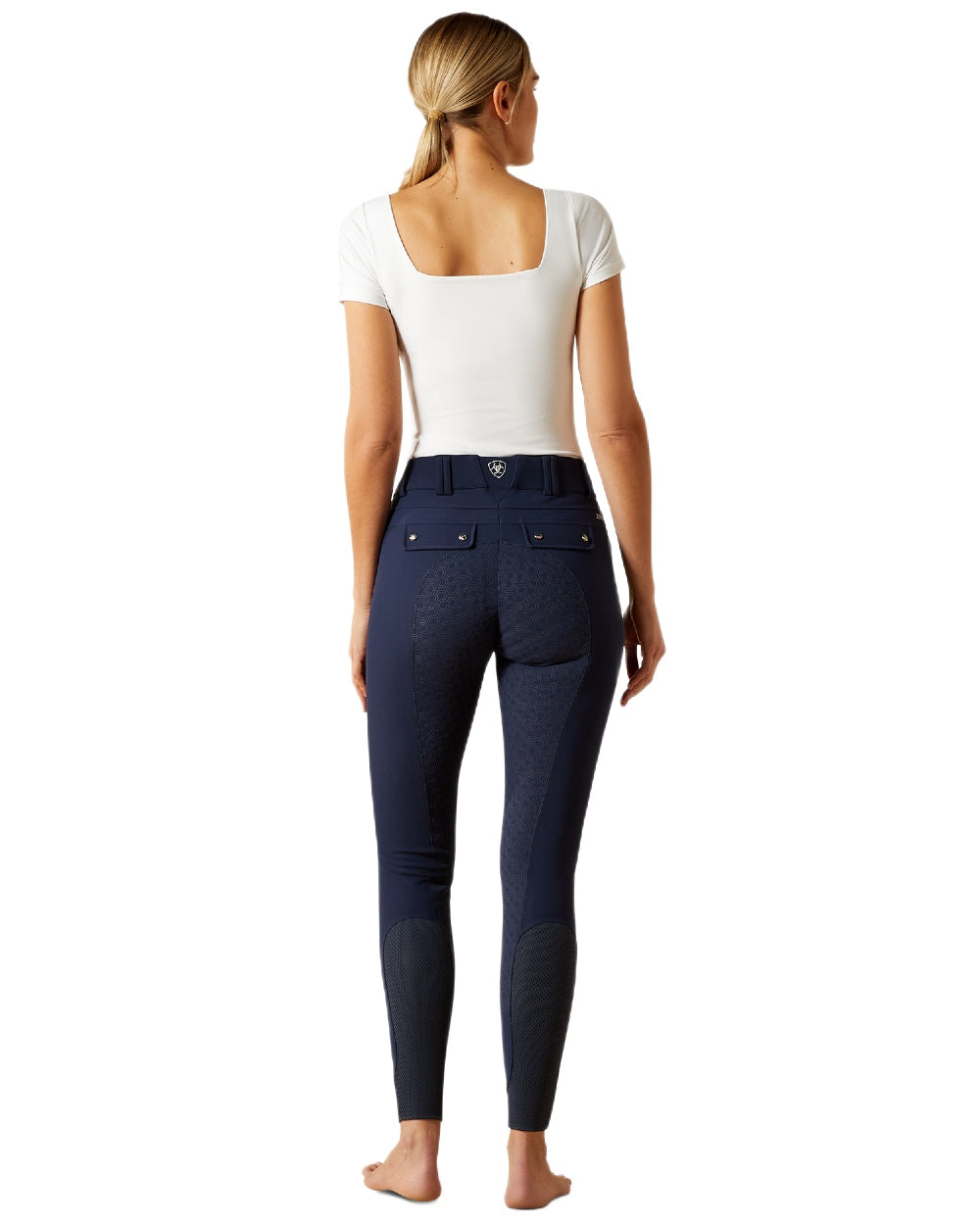 Navy coloured Ariat Womens Tri Factor Grip Full Seat Breeches on white background 