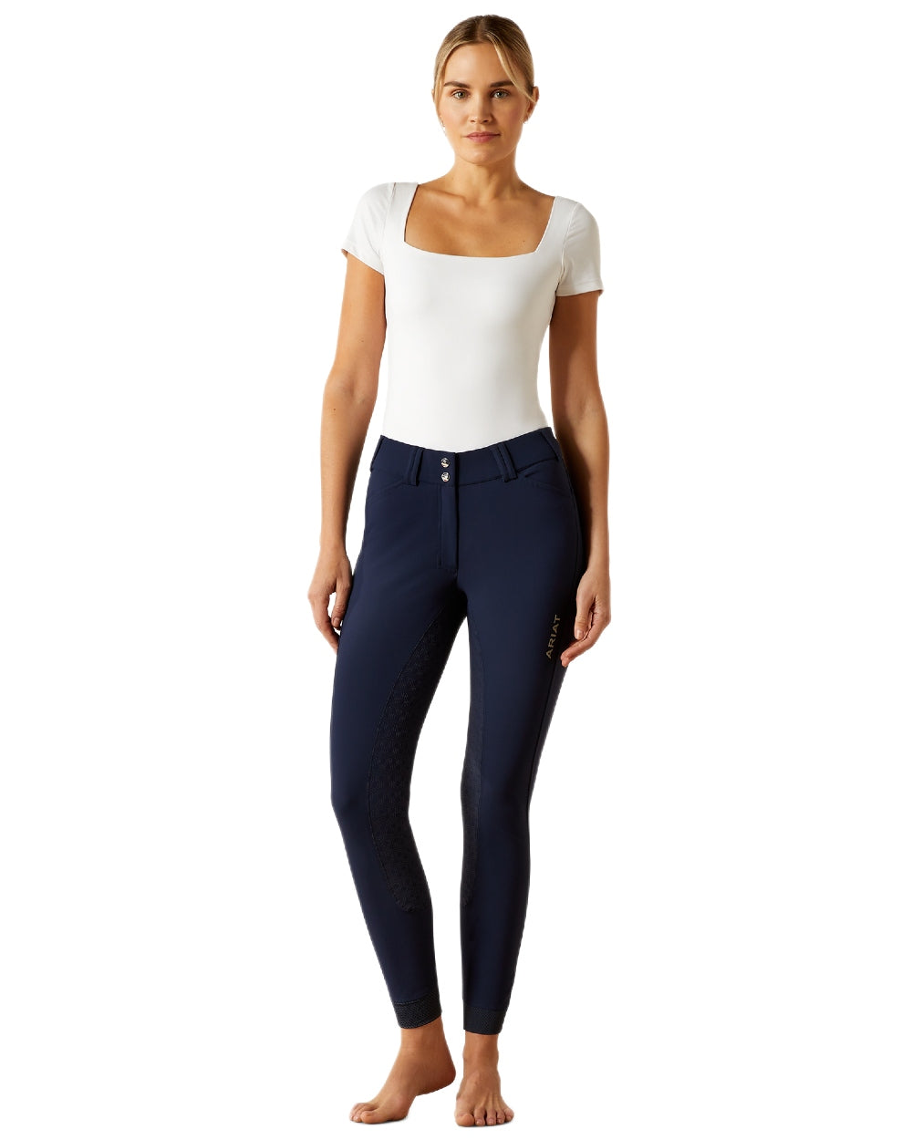 Navy coloured Ariat Womens Tri Factor Grip Full Seat Breeches on white background 
