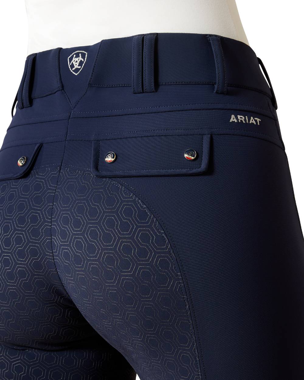 Navy coloured Ariat Womens Tri Factor Grip Full Seat Breeches on white background 