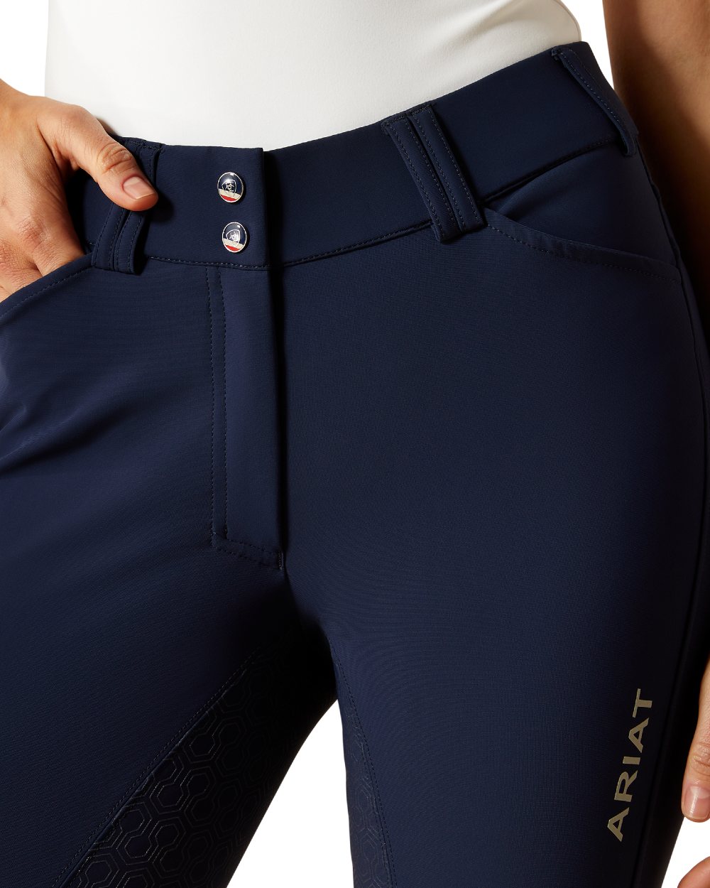 Navy coloured Ariat Womens Tri Factor Grip Full Seat Breeches on white background 