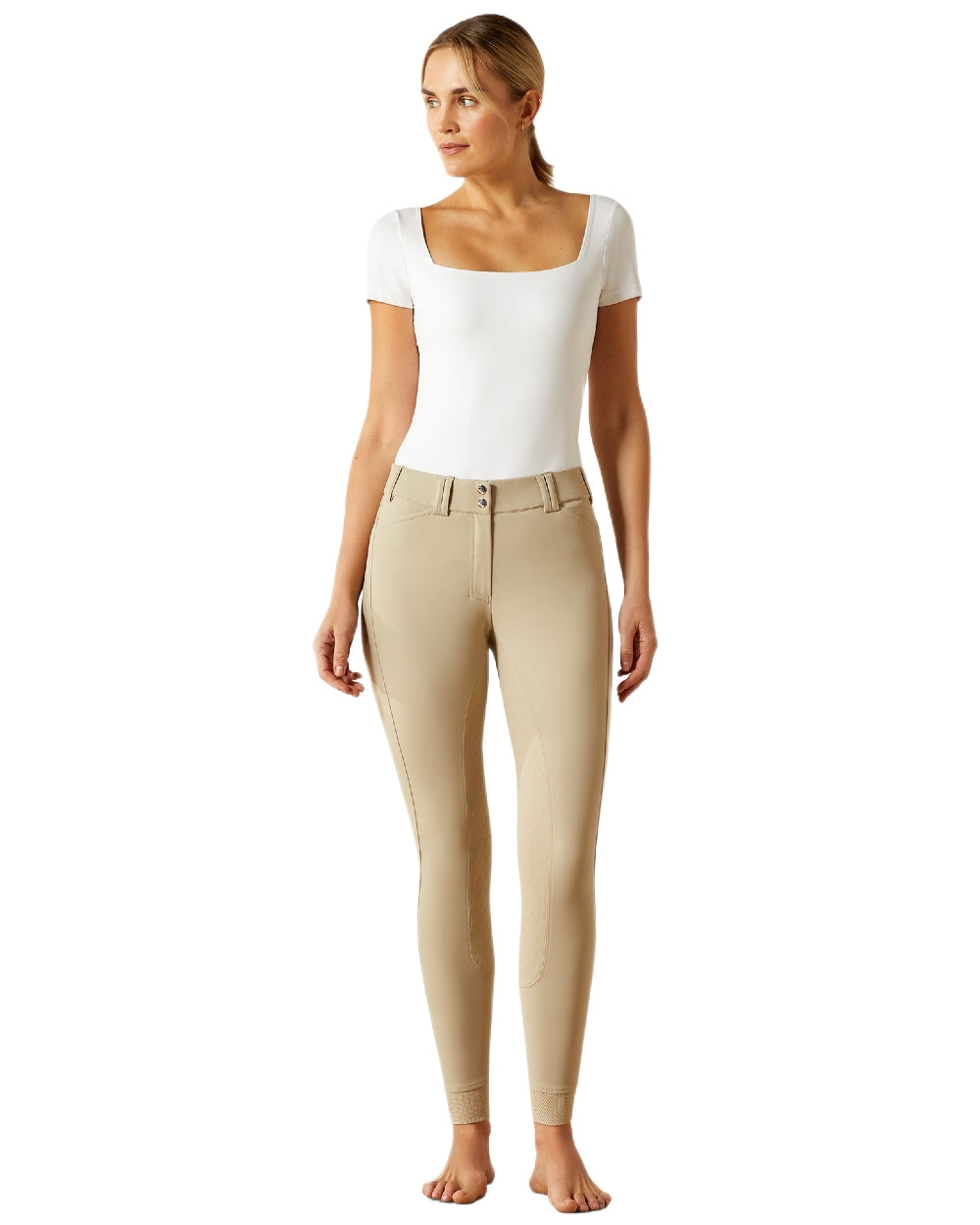 Olympia Tan coloured Ariat Womens Tri Factor Grip Full Seat Breeches on white background 