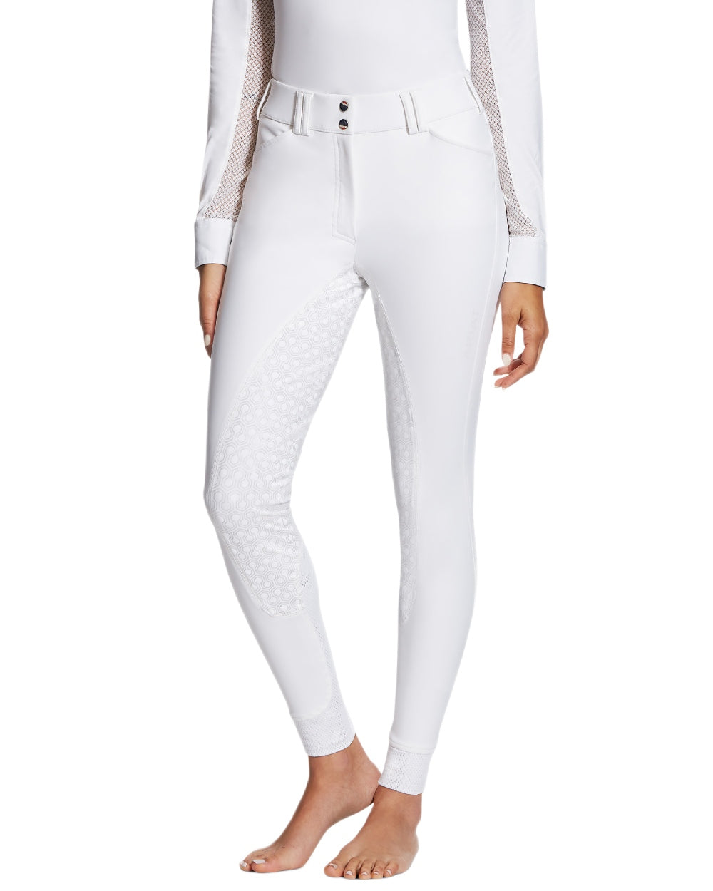 White coloured Ariat Womens Tri Factor Grip Full Seat Breeches on white background 