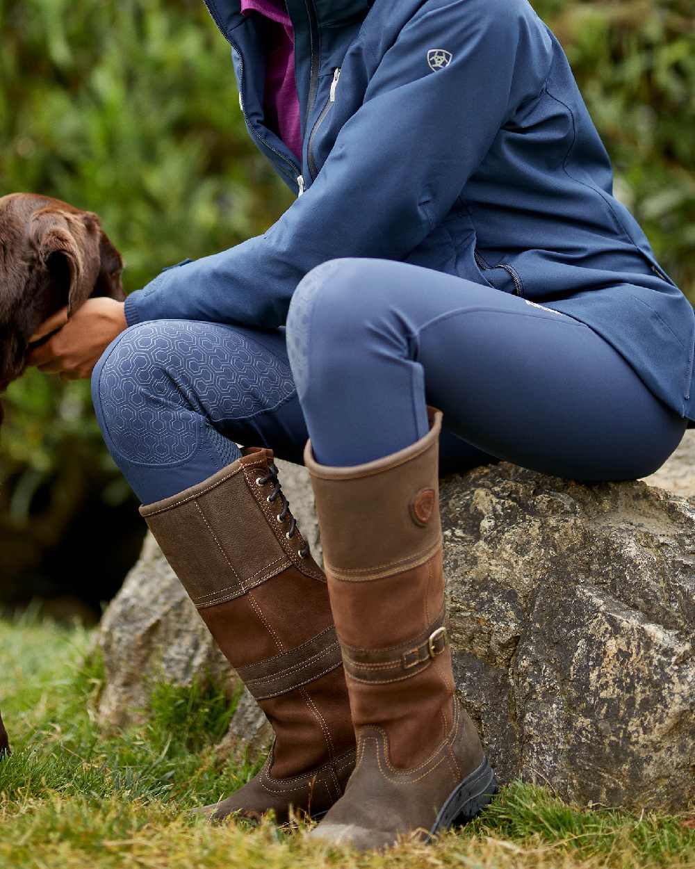 Navy coloured Ariat Womens Halo Denim Full Seat Breech on nature background 