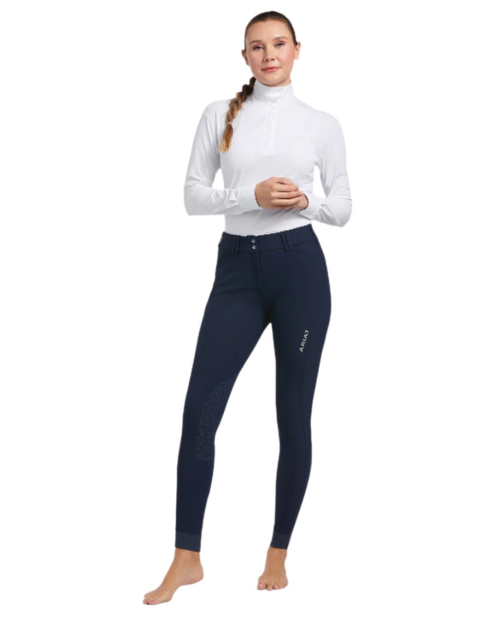 Navy coloured Ariat Womens Halo Denim Full Seat Breech on white background 